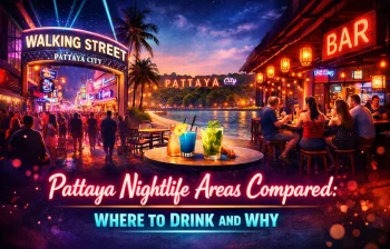 Split view of Pattaya nightlife showing Walking Street crowds, a relaxed beachfront bar, and a small soi bar with people drinking